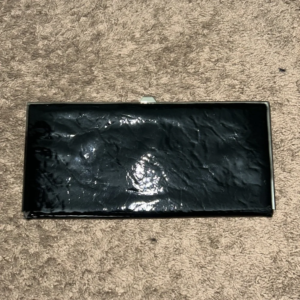 Black Faux Leather Framed Clutch Wallet Silver Hardware Card Organizer